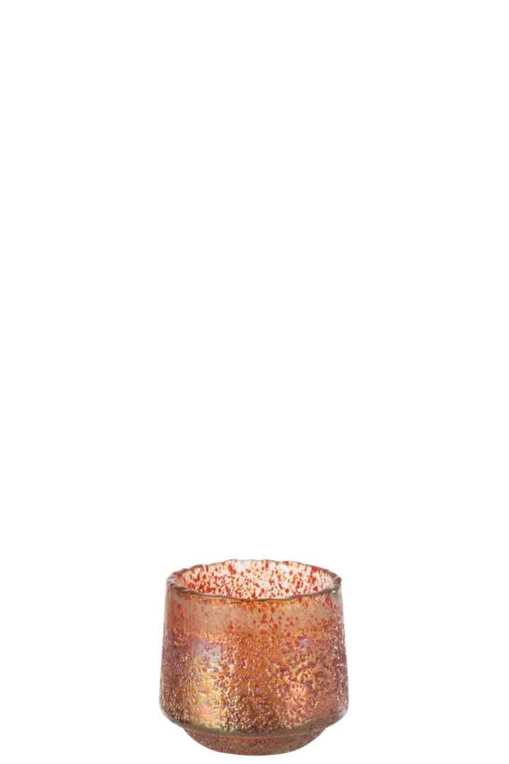 Theelichthouder Stippen Glas Oranje Middel is een kleine, ronde glazen kandelaar met een gestructureerd oppervlak en een oranje gespikkeld patroon, afgebeeld tegen een effen witte achtergrond.