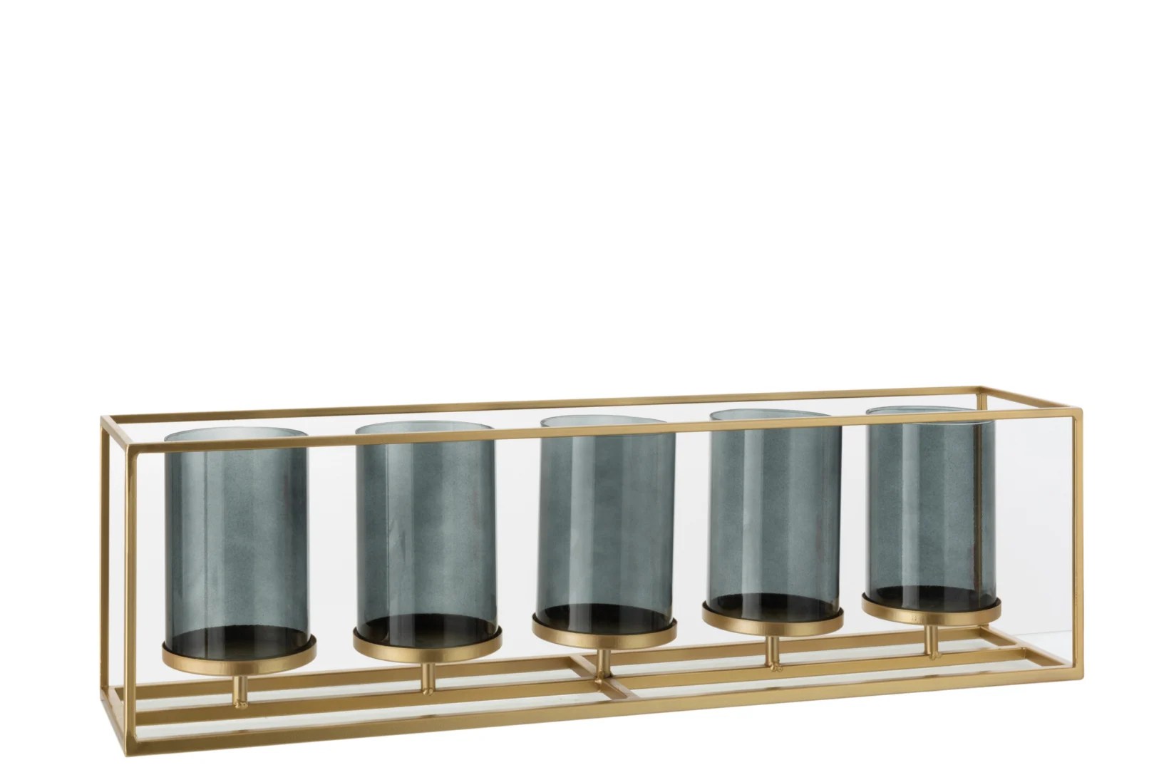 De Kaarsenhouder Orkaan Glas Goud Rechthoek Set 5 heeft een rechthoekig, goudkleurig metalen frame waarin vijf gelijkmatig verdeelde, grijsgetinte, cilindervormige glazen kappen op een rij staan.