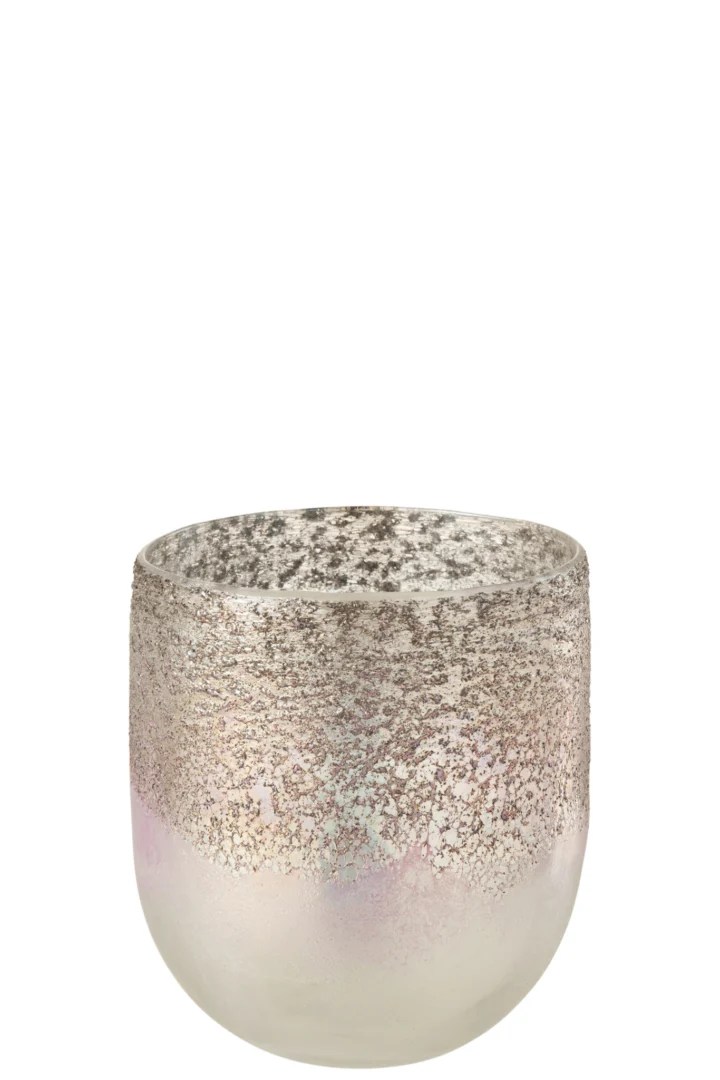 De Kaarsenhouder Orkaan Milano Glas Grijs Roze Groot is een ronde glazen votiefhouder met een matte, metallic zilveren en iriserende afwerking, met een gestructureerd, gespikkeld oppervlak.
