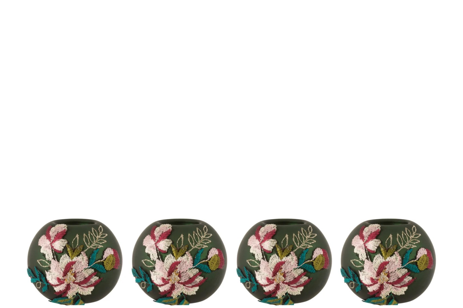 Set van vier ronde, donkergroene glazen theelichthouders uit de Bloemen Glas collectie, elk met kleurrijke geborduurde bloemmotieven met roze, rode en witte bloemen plus groene en blauwe bladeren.