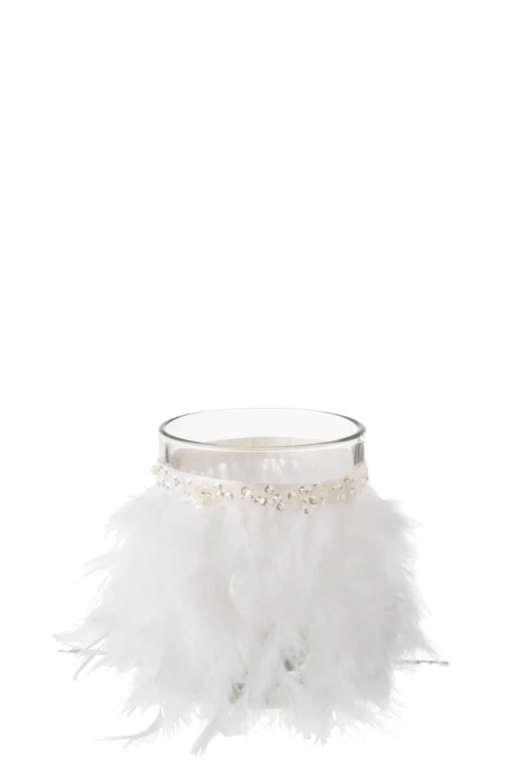 Theelichthouder Veren Glas Wit Groot is een kandelaar van helder glas versierd met een rand van witte parels en pluizige witte veren aan de onderkant, afgebeeld tegen een effen witte achtergrond.