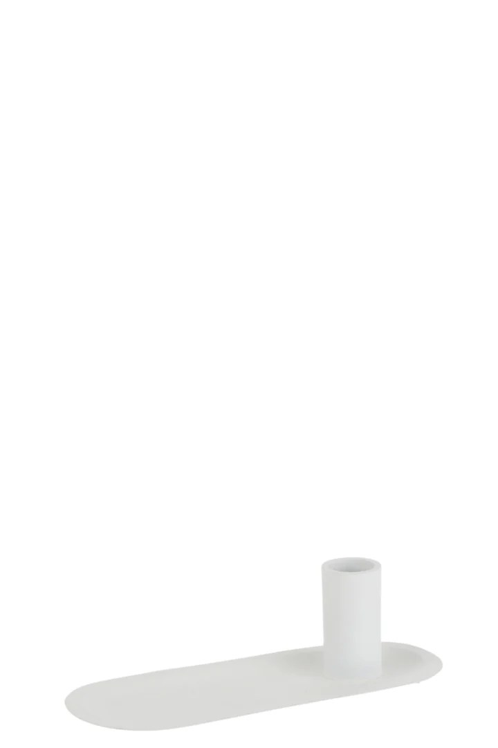 De Kaarsenhouder Dienblad IJzer Wit is een minimalistische witte kandelaar met een ovale basis met een enkele cilindrische houder aan de rechterkant, tegen een effen witte achtergrond.