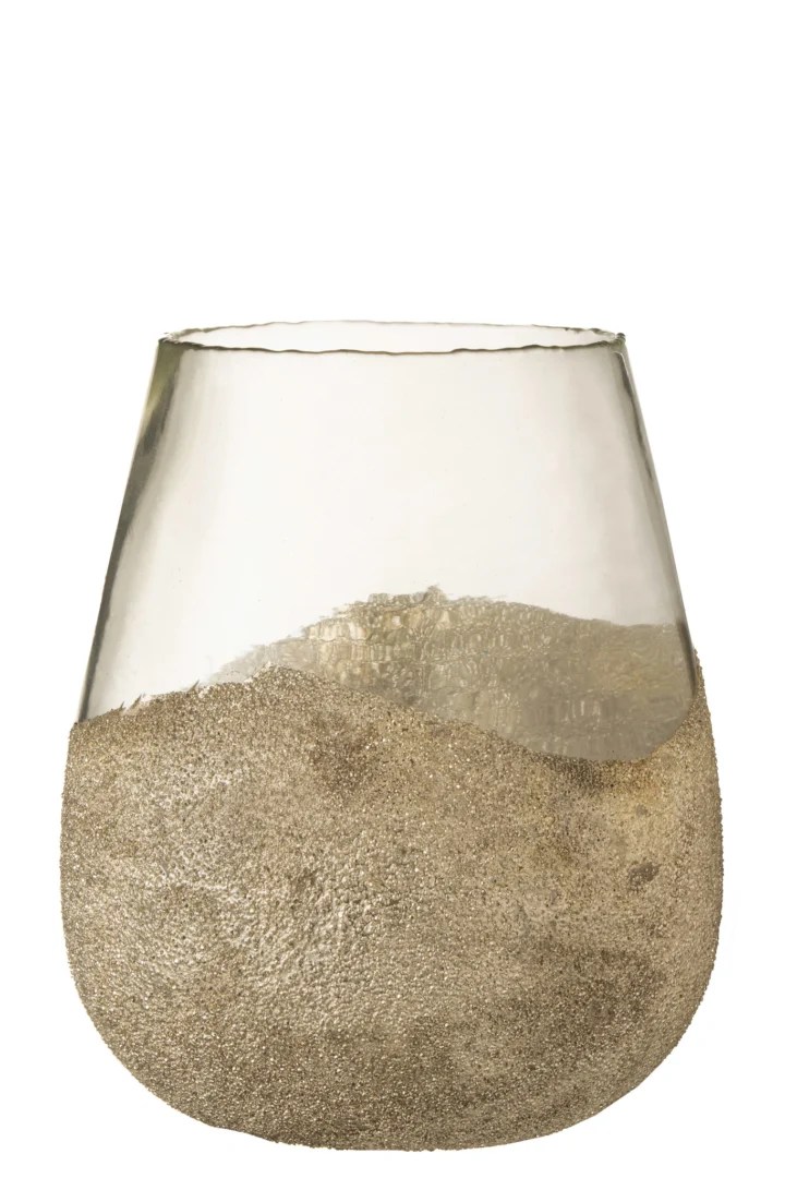 Theelichthouder Halfparels Glas Goud Groot is een kandelaar van helder glas met een gestructureerde goudmetallic coating op de onderste helft, waardoor een moderne en elegante look ontstaat.