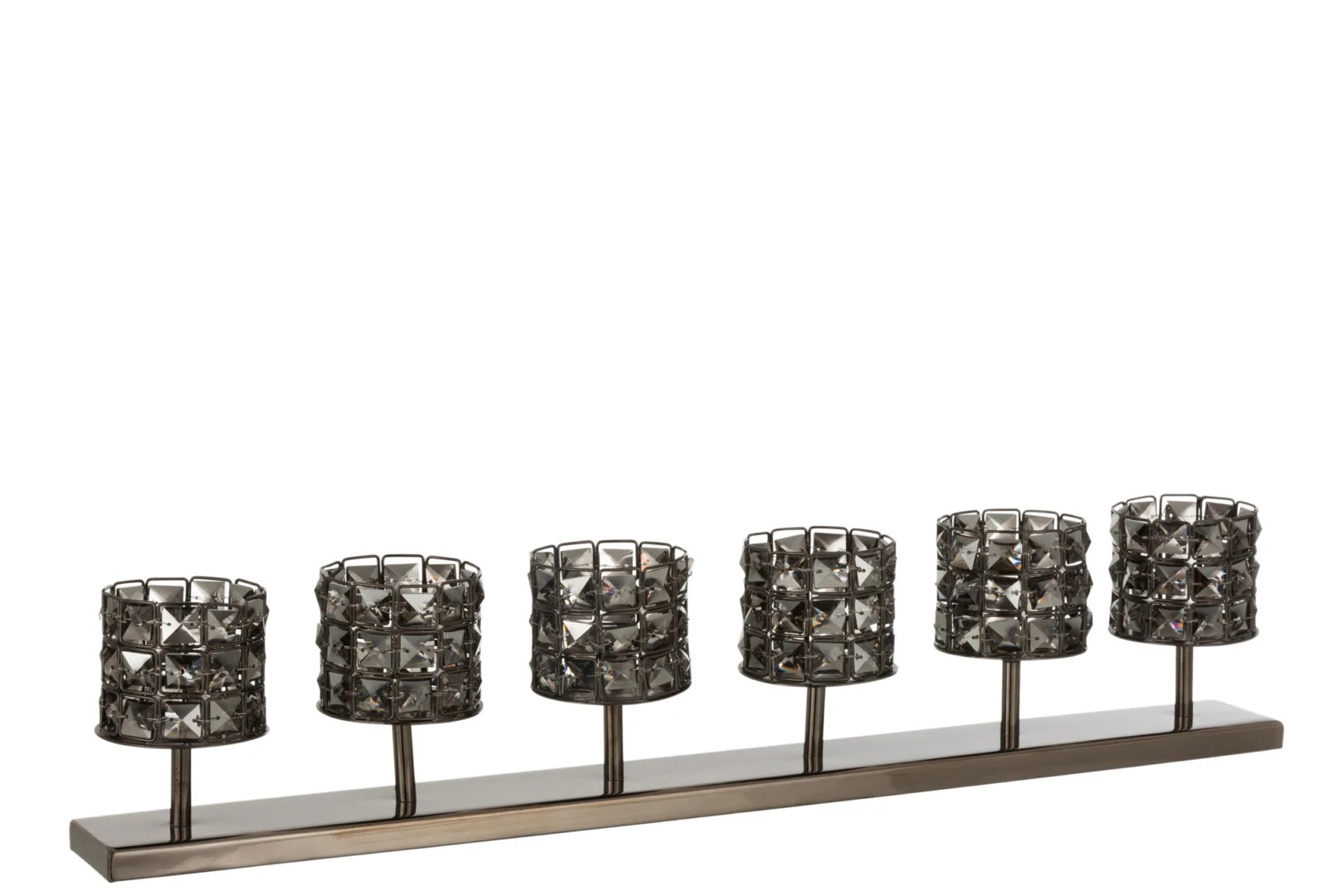 De Theelichthouder Kristal Glas Grijs Set 6 heeft zes moderne, met kristal versierde glazen houders in een rechte rij op een slanke rechthoekige metalen voet.