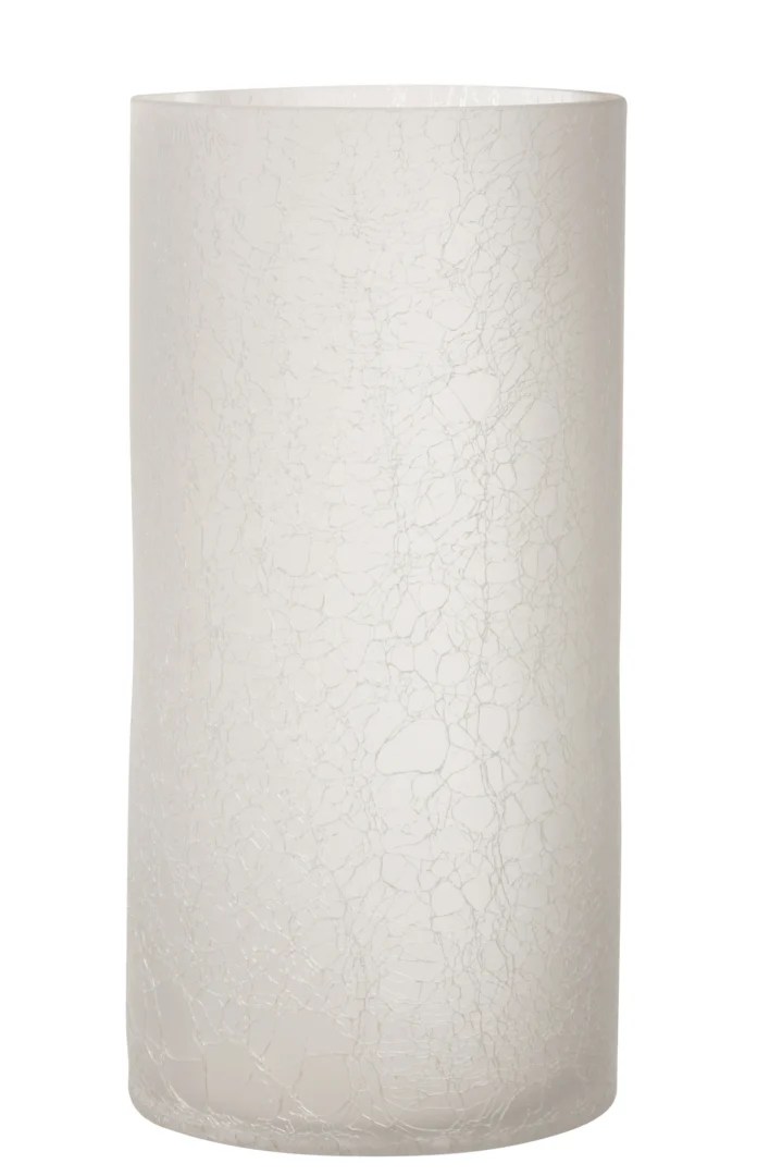 De Kaarsenhouder Orkaan Cilinder Craquelure Glas Wit XL is een hoge, cilindervormige vaas van wit glas met een subtiele craquelurestructuur tegen een effen witte achtergrond.