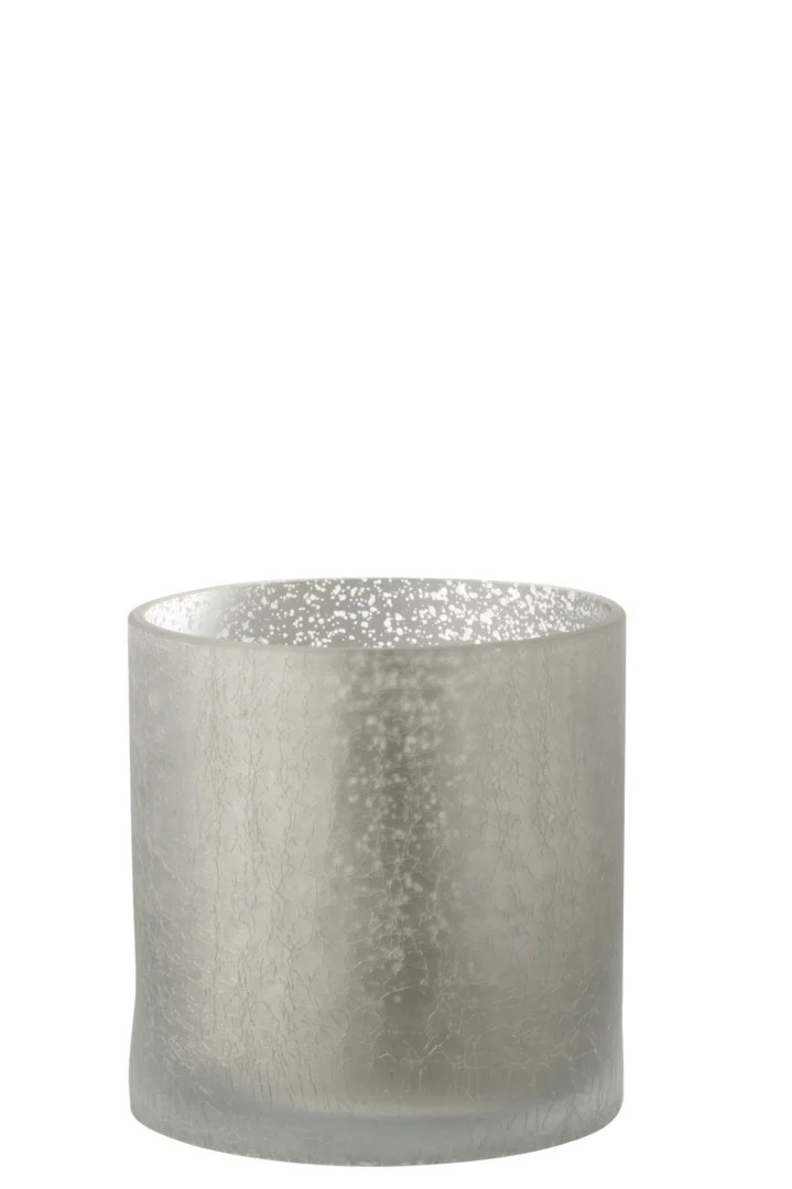 De Kaarsenhouder Orkaan Cilinder Craquelure Glas Grijs Groot heeft gematteerd, doorschijnend glas met een subtiele gespikkelde en gebarsten textuur, tegen een effen witte achtergrond.