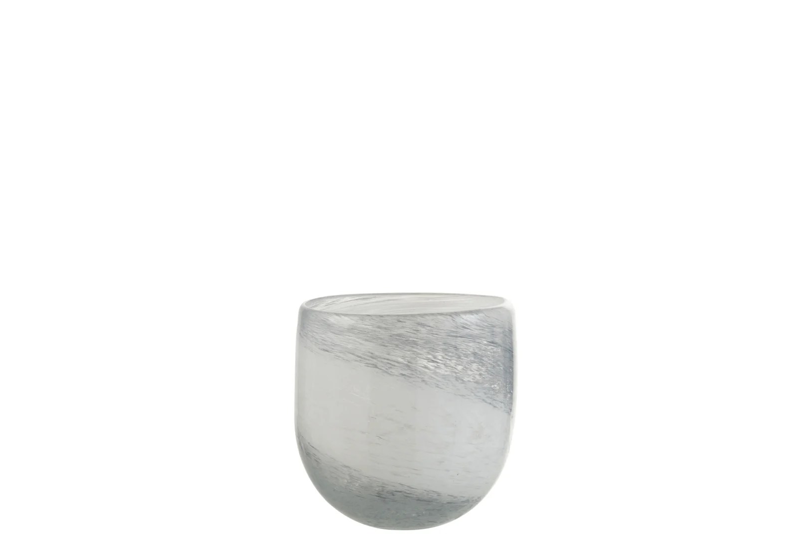 De Kaarsenhouder Orkaan Denim Glas Wit Blauw Klein is een kleine cilindervormige glazen kandelaar met een gladde, ronde basis en een wervelend wit en blauw gemarmerd patroon tegen een effen witte achtergrond.