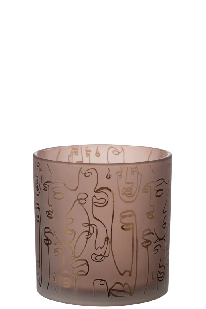 De Kaarsenhouder Orkaan Glas Terracotta Vrolijke Gezichten Groot is een cilindervormige, semi-transparante mauve glazen houder met gouden abstracte gezichtslijntekeningen op een witte achtergrond.