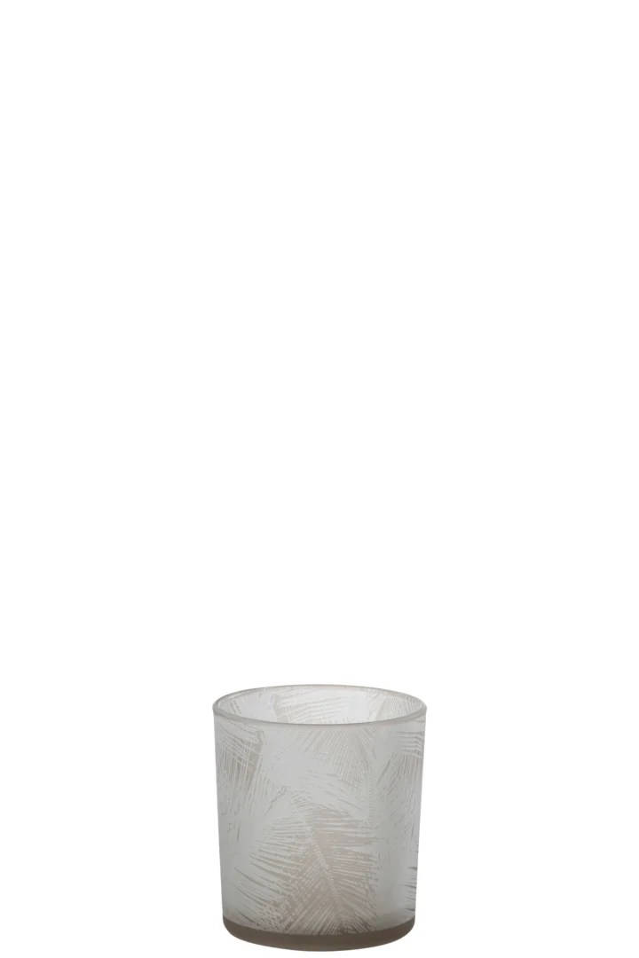 De Theelichthouder Bladeren Glas Beige Klein, een kleine matglazen houder met een geëtst bladmotief, staat tegen een effen witte achtergrond.