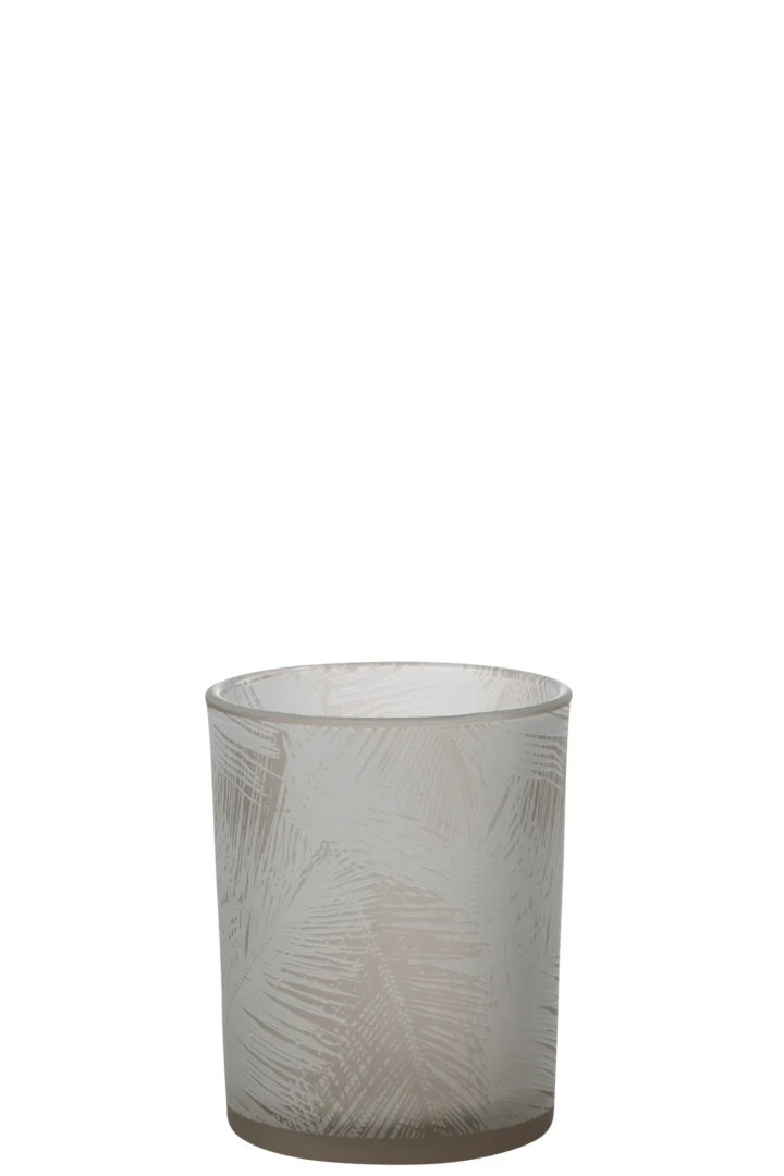De Orkaan Laat Glas Beige Medium is een matglazen beker met een subtiel wit geëtst bladmotief tegen een effen witte achtergrond.