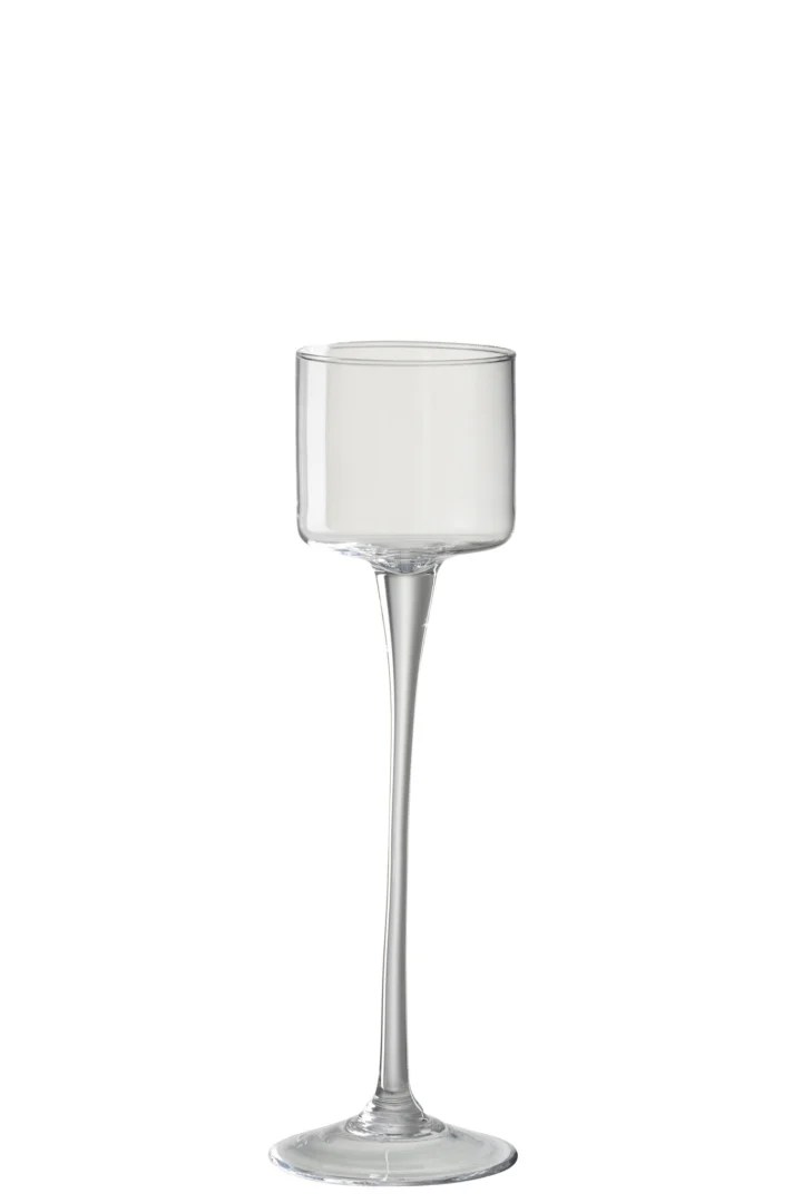 Het Orkaan Te Voet Glas Transparant Klein is een helder, klein glas met een lange, slanke steel en een brede, cilindrische kom, afgebeeld tegen een effen witte achtergrond.