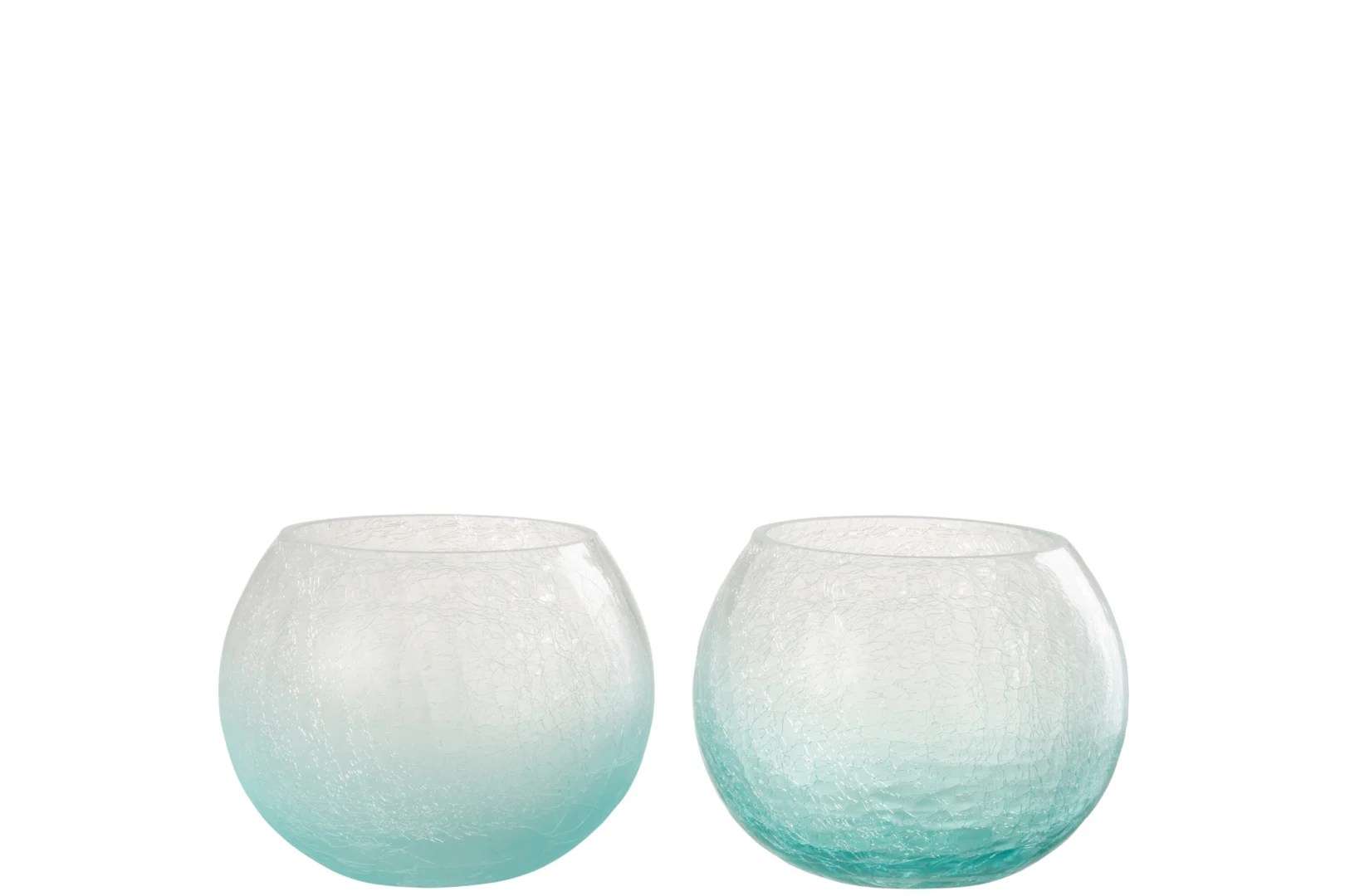 De Kaarsenhouder Orkaan Orb Craquelure Glas Blauw Set 2 bestaat uit twee ronde, korte houders met een gebarsten textuur en een blauw-naar-helder verloop, naast elkaar weergegeven op een witte achtergrond.