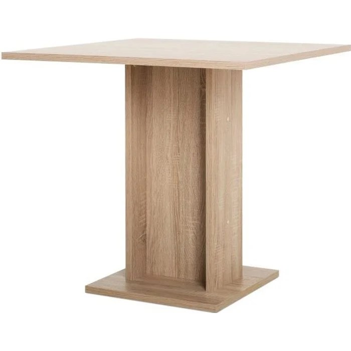 De Eettafel Gustave is een vierkante eiken tafel (80x80 cm) voor 2-4 personen, met een plat blad, rechthoekige centrale voet en licht houten afwerking in een modern minimalistisch ontwerp.