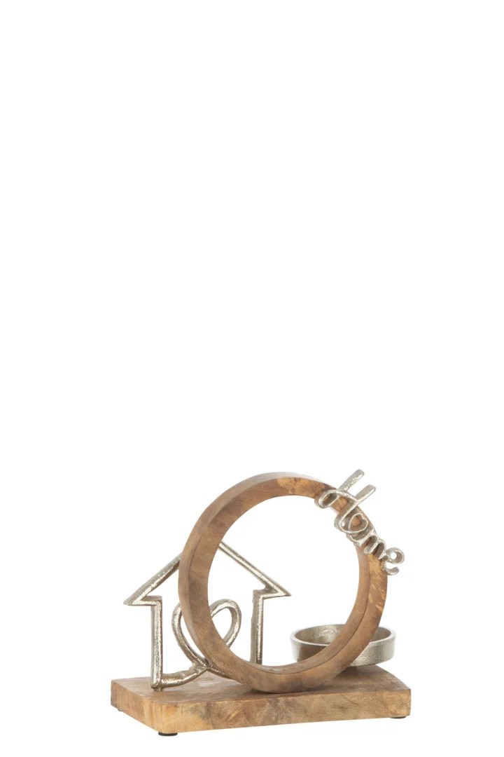 Het Huis Aluminium Basis Hout Hart Zilver Klein is een decoratief ornament met een houten basis, zilveren hart en huis omlijning en "Home" tekst, allemaal tegen een witte achtergrond.