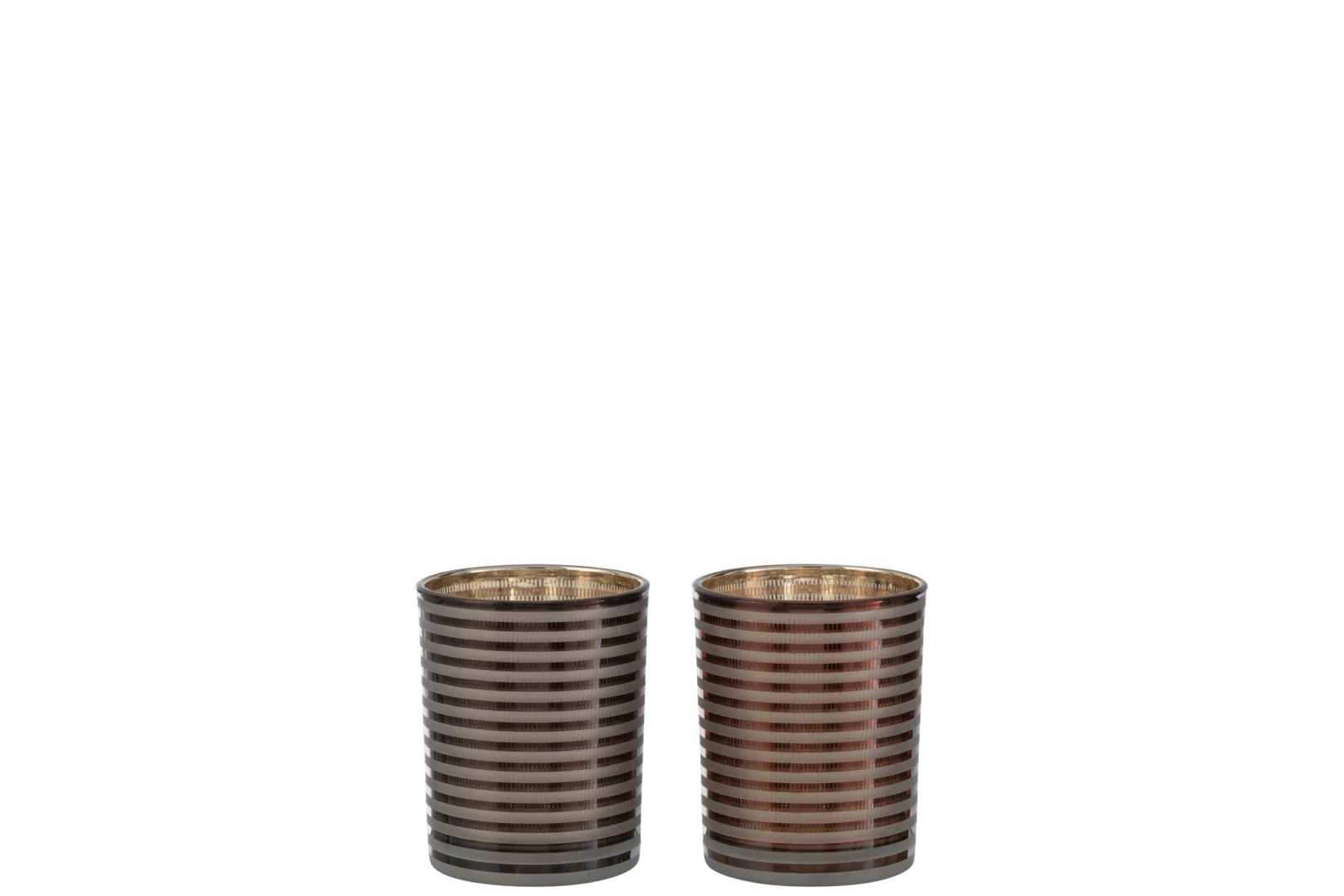 Twee Orkaanstrepen Glas Br Klein bekers, met een metallic afwerking en horizontale strepen, staan naast elkaar tegen een effen witte achtergrond.