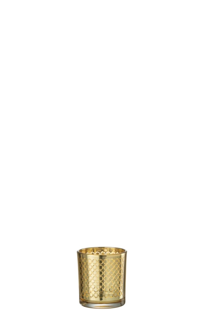Theelichthouder Cirkel Glas Goud, een kleine gouden cilindervormige kandelaar met een honingraatpatroon, wordt weergegeven op een effen witte achtergrond.