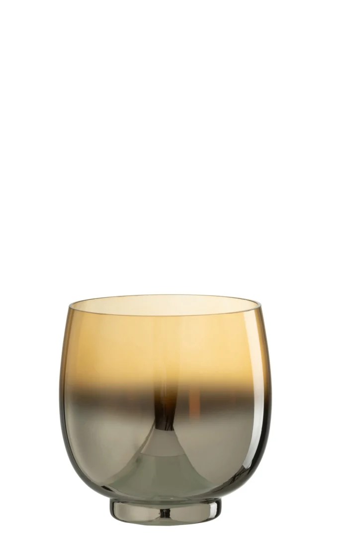 De Kaarsenhouder Orkaan Glas Rook Geel Zilver Medium is een ronde glazen vaas met een kleurverloop van rokerig grijs aan de onderkant naar warm amber aan de bovenkant, tegen een effen witte achtergrond.