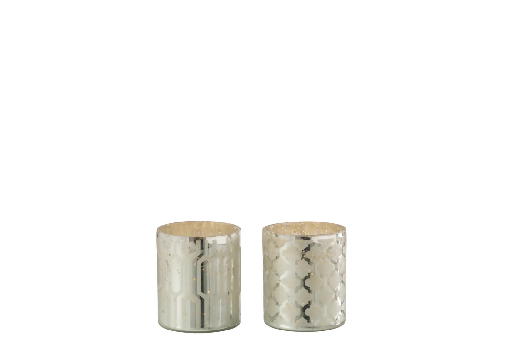 Theelichthouder Glas Zilver Extra Klein Set van 2, beide zilveren glazen kandelaars met subtiel geometrisch patroon, staan naast elkaar op een witte achtergrond.