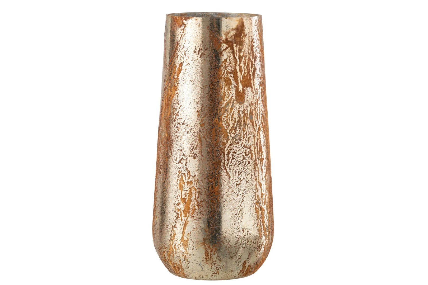 De Kaarsenhouder Hurricane Glas Bruin Goud Groot is een hoge, cilindervormige metalen houder met een smalle opening en een gestructureerd oppervlak in goud-, brons- en zilvertinten.