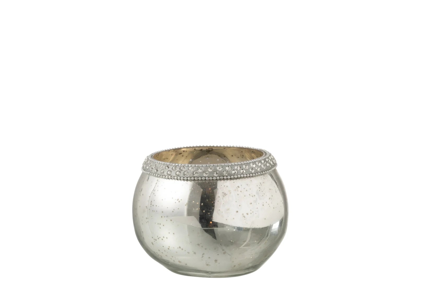 Theelichthouder Diamant Glas Zilver Klein: een kleine, ronde, zilveren glazen kandelaar met een kralenrand en gespikkelde reflecterende afwerking, gepresenteerd op een effen witte achtergrond.
