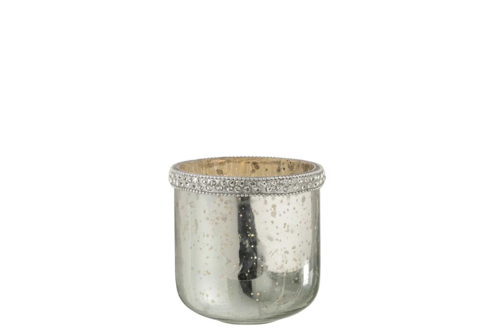 De Kaarsenhouder Orkaan Diamant Glas Zilver Klein is een zilveren votiefhouder van kwikglas met een gestructureerde kralenrand en een gespikkeld, reflecterend oppervlak, tegen een effen witte achtergrond.