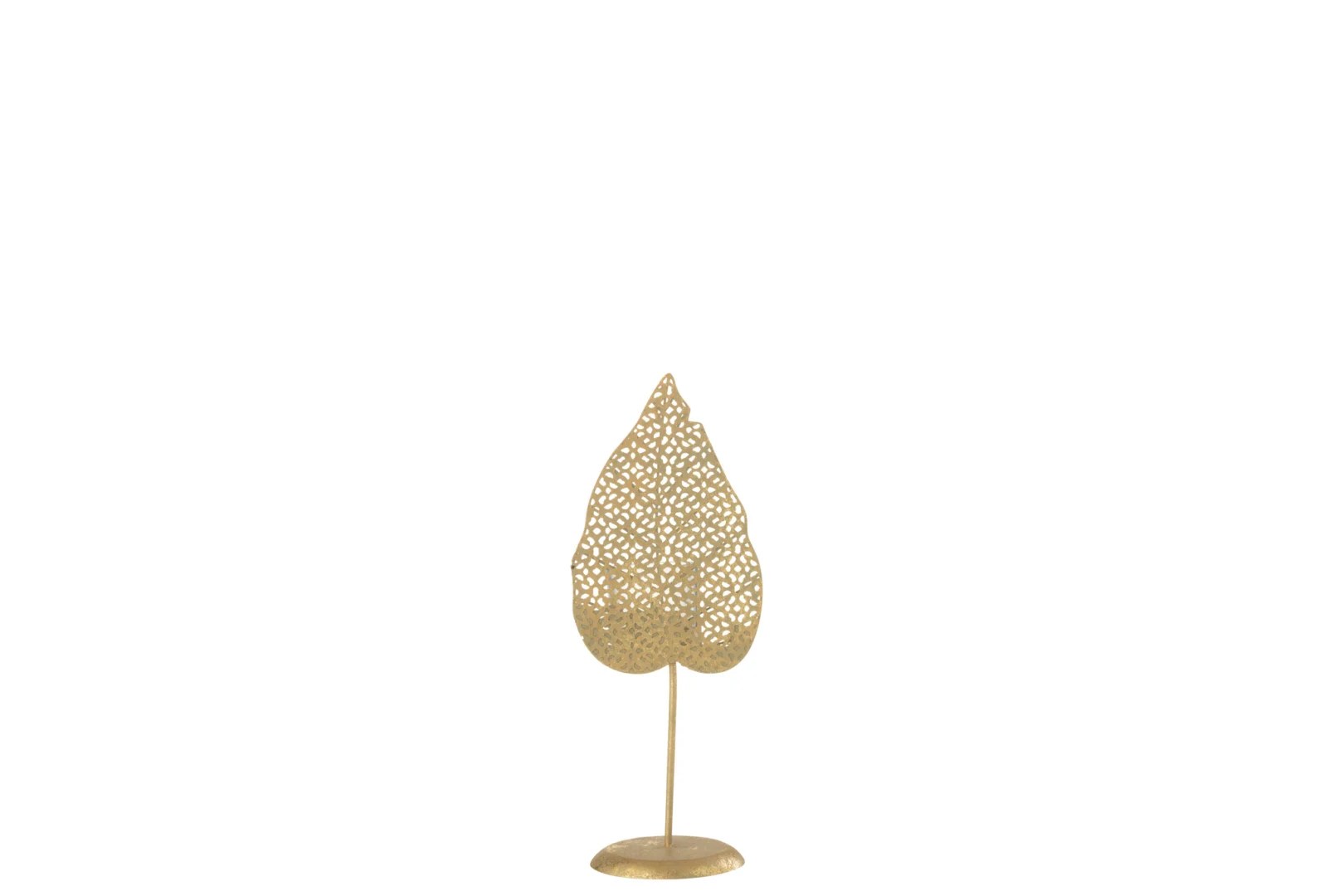 Theelichthouder Blad Metaal Goud Klein: een decoratieve kandelaar van bladgoud met een geperforeerd ontwerp, gemonteerd op een slanke verticale staaf en ronde voet, tegen een effen witte achtergrond.