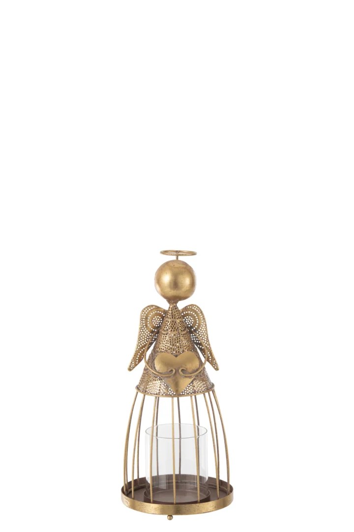 De Kaarsenhouder Engel Hart Metaal Glas Goud Klein is een klein decoratief gouden metalen engelfiguurtje met gedetailleerde vleugels en een hart, ontworpen om een glazen kaarsenhouder aan de voet vast te houden.