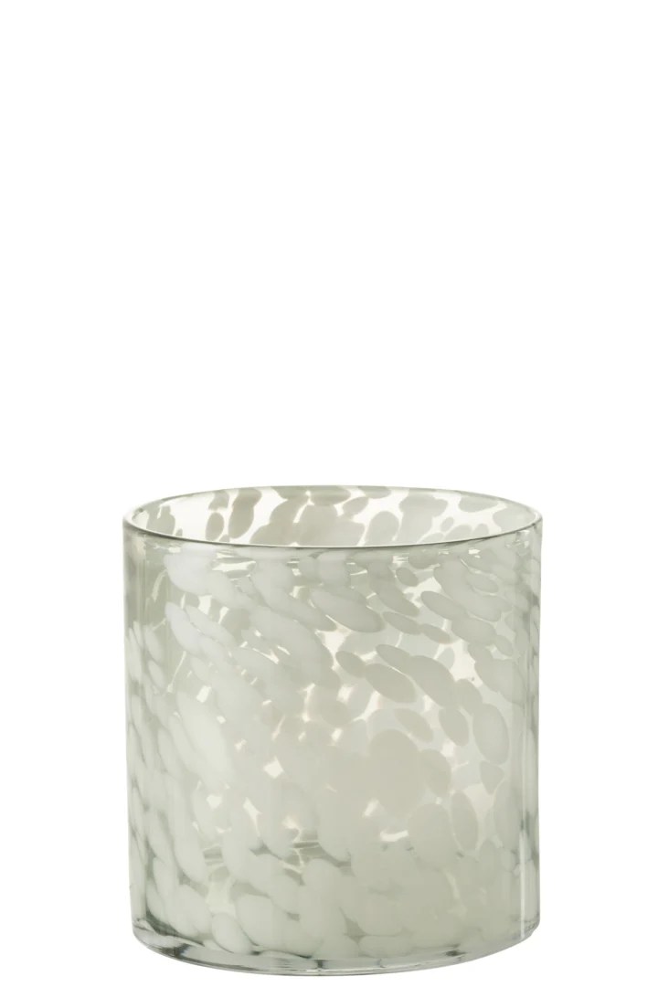 De Kaarsenhouder Orkaan Dot Glas Grijs Wit Medium is een doorschijnende, ronde glazen kandelaar met een wit gespikkeld patroon, afgebeeld tegen een effen witte achtergrond.