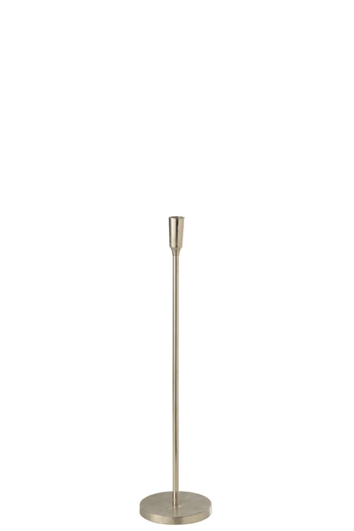 De Kandelaar Metaal Zilver Middelgroot is een eenvoudige, moderne metalen lampvoet met een ronde, platte voet en slanke steel, ideaal voor het ophangen van een lamp en lampenkap, afgebeeld op een effen witte achtergrond.