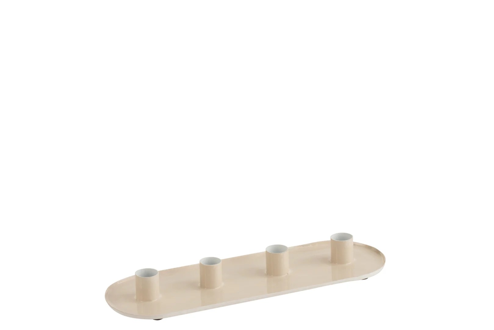 De Kaarsenhouder Metaal Beige Gelakt Set van 4 is een ovaalvormige metalen kaarsenhouder in beige, met vier gelijkmatig verdeelde cilindrische gleuven voor kaarsen, afgebeeld op een witte achtergrond.