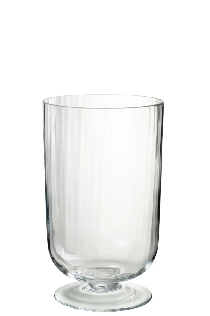 De Kaarsenhouder Orkaan Te Voet Lijnen Glas Transparant is een heldere, cilindervormige glazen houder met verticale groeven, een afgeronde basis en een korte, brede voet, afgebeeld tegen een effen witte achtergrond.
