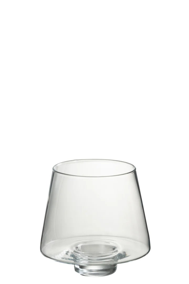 De Kaarsenhouder Orkaan Oli Glas Groot is een kaarsenhouder van helder glas met een brede, schuine cilindrische vorm - smal aan de onderkant en breder aan de bovenkant - tegen een effen witte achtergrond.