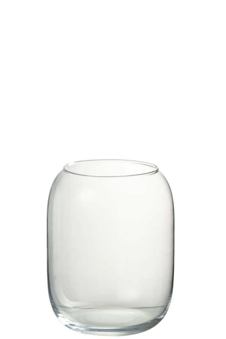 De Kaarsenhouder Orkaan Zilly Glas Transparant is een heldere, ronde glazen kandelaar met gladde, licht gebogen zijkanten en een open bovenkant, tegen een effen witte achtergrond.