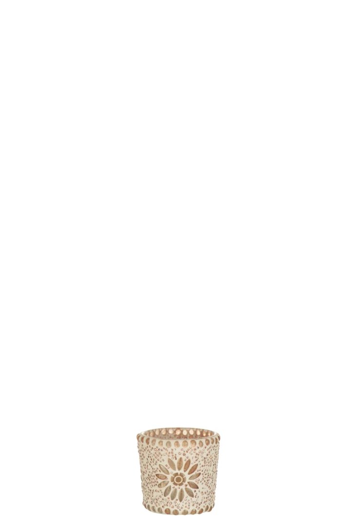 Een kleine Kaarsenhouder Bram Glas Gespikkeld Klein met een beige, gespikkelde afwerking en ingewikkeld uitgesneden bloemmotief, tegen een effen witte achtergrond.