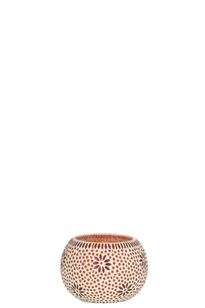 De Kaarsenhouder Bram Glas Rood Groot is een ronde, decoratieve kandelaar met een rood en wit bloemstippenpatroon tegen een effen witte achtergrond.