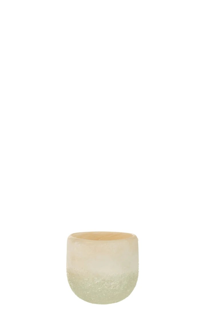 Theelichthouder Glas Beige Klein is een kleine, ronde glazen theelichthouder met een matte afwerking en een beige-naar-lichtgroen verloop, afgebeeld tegen een witte achtergrond.