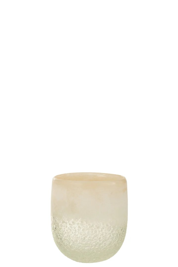 De Hurricane Glas Beige Groot is een groot, rond glas met een gestructureerd oppervlak dat vervaagt van lichtbeige aan de bovenkant naar doorschijnend lichtgroen aan de onderkant, afgebeeld op een effen witte achtergrond.