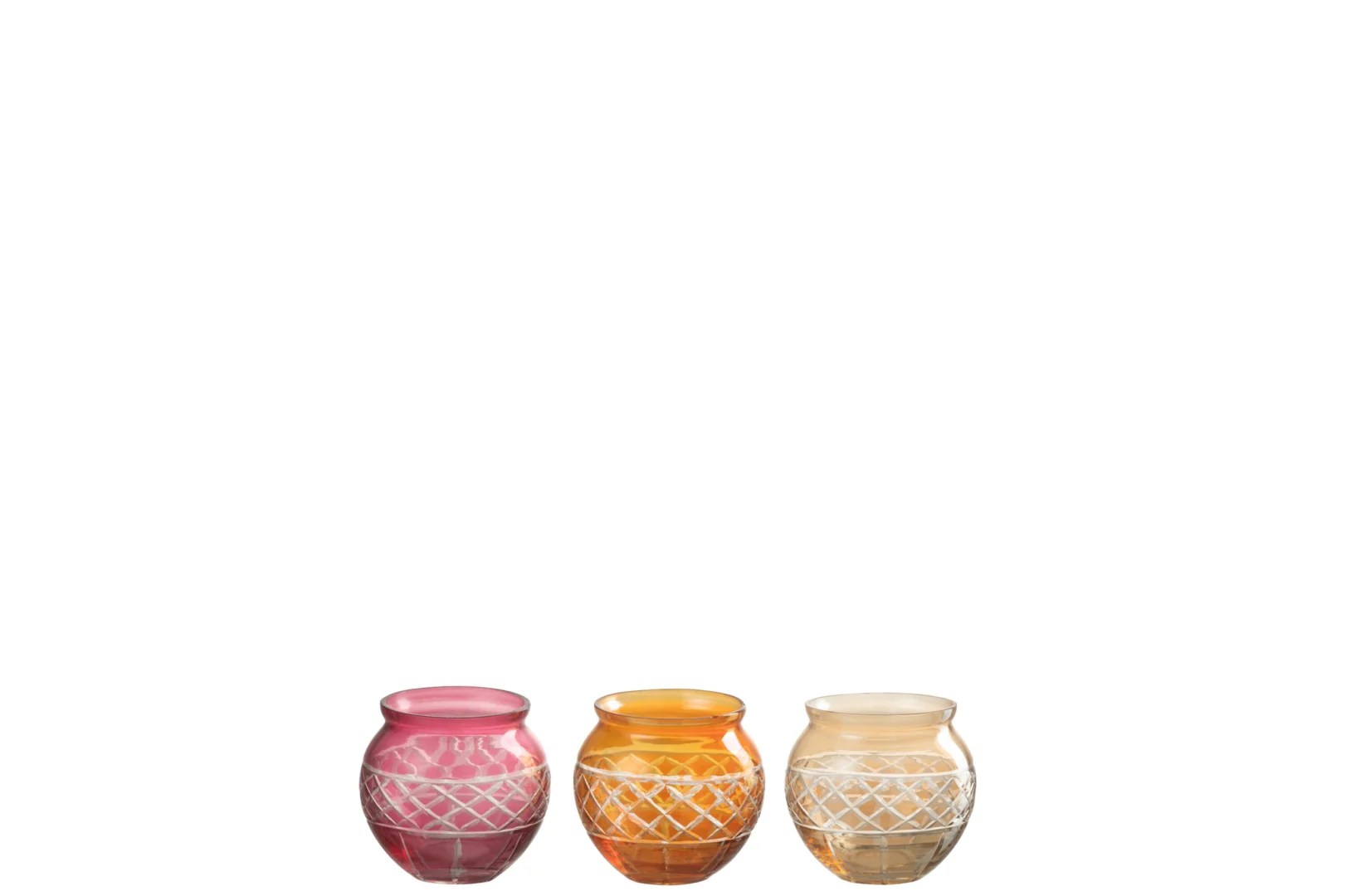 Theelichthouder Rand Bladeren Rond Glas Mix Assortiment Van 3: drie kleine glazen kandelaars in roze, oranje en beige met witte geometrische patronen staan naast elkaar tegen een effen witte achtergrond.