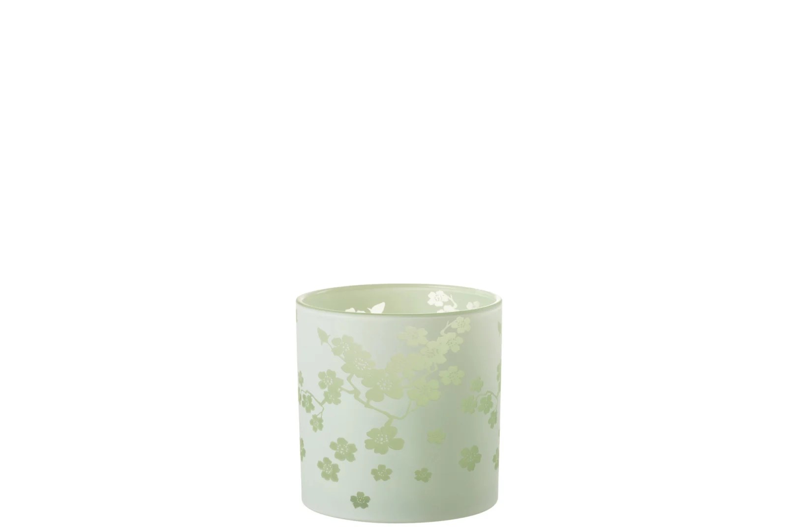 De Orkaan Bloemen Glas Groen Groot is een lichtgroene cilindervormige vaas met een subtiel bloemenpatroon van kleine bloesems en takken tegen een effen witte achtergrond.