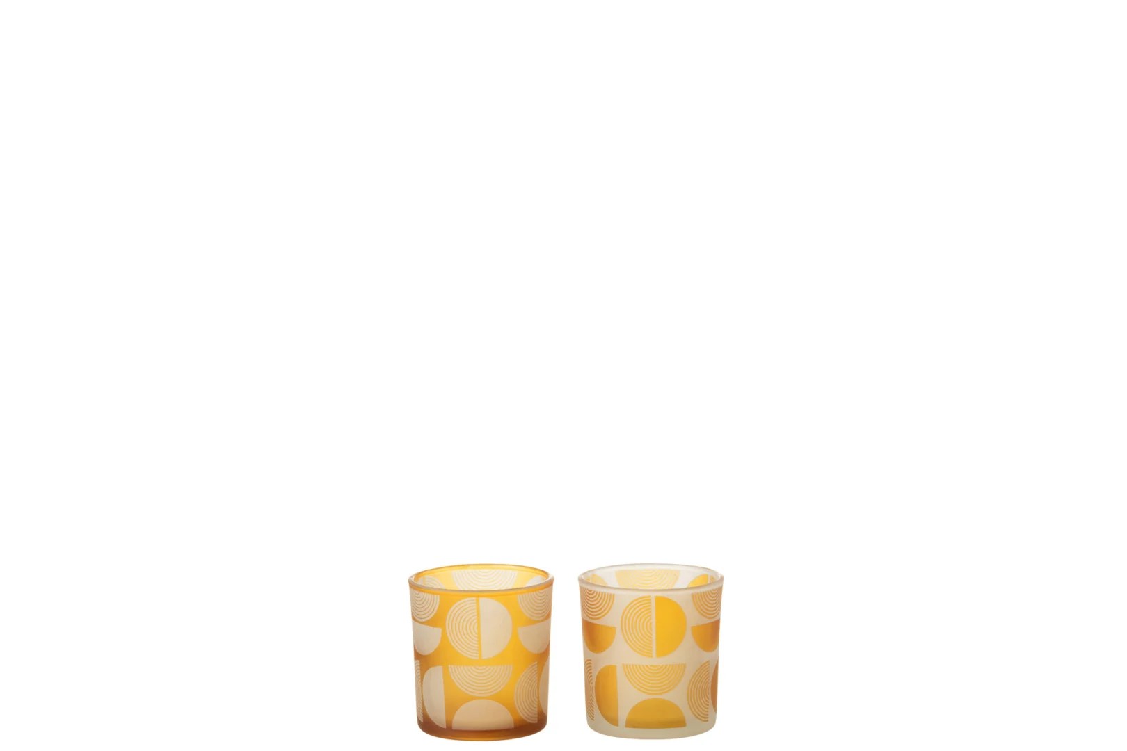 Theelichthouder Halfrond Glas Oranje Klein Set van 2: twee kleine oranje glazen kandelaars staan naast elkaar op een witte achtergrond.