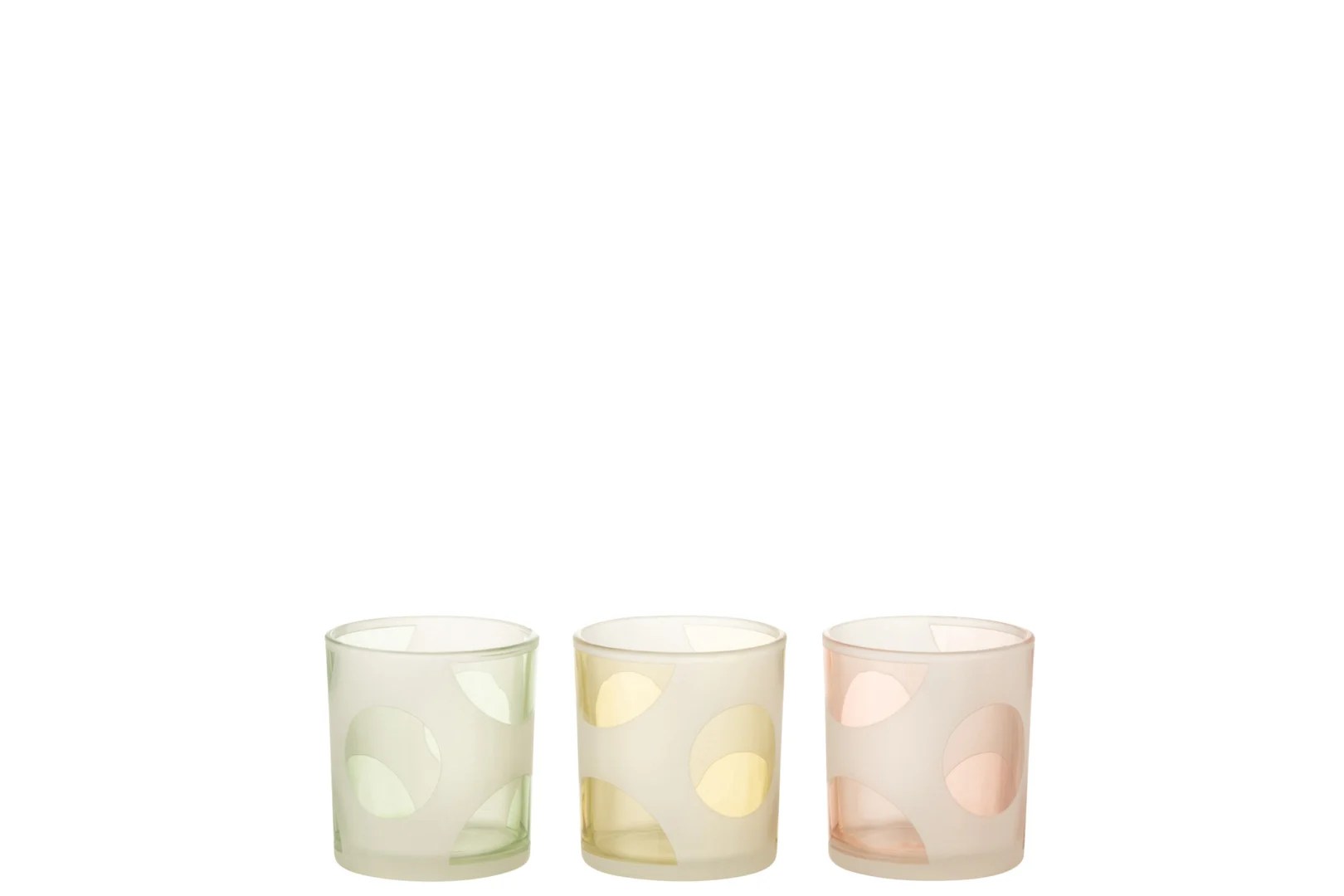 Een set van 3 kleine ronde glazen waxinelichthouders in verschillende pastelkleuren.