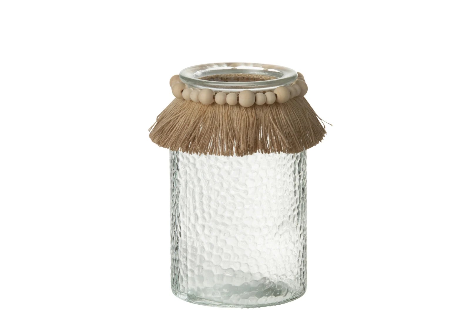 De Kaarsenhouder Hurricane Kralen Glas Transparant Groot is een kaarsenhouder van helder glas met een gestructureerd lichaam, een decoratieve rand van natuurlijk vezelgaren en crèmekleurige kralen rond de bovenkant, afgebeeld tegen een effen witte achtergrond.