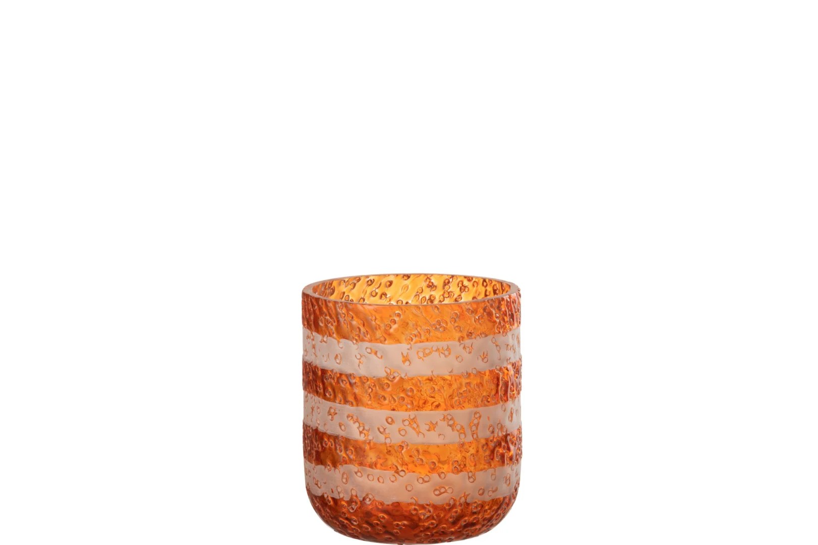 Theelichthouder Strepen Glas Oranje Wit Klein: een kleine, oranje glazen beker met textuur, horizontale banden en een bobbelig oppervlak, afgebeeld tegen een witte achtergrond.