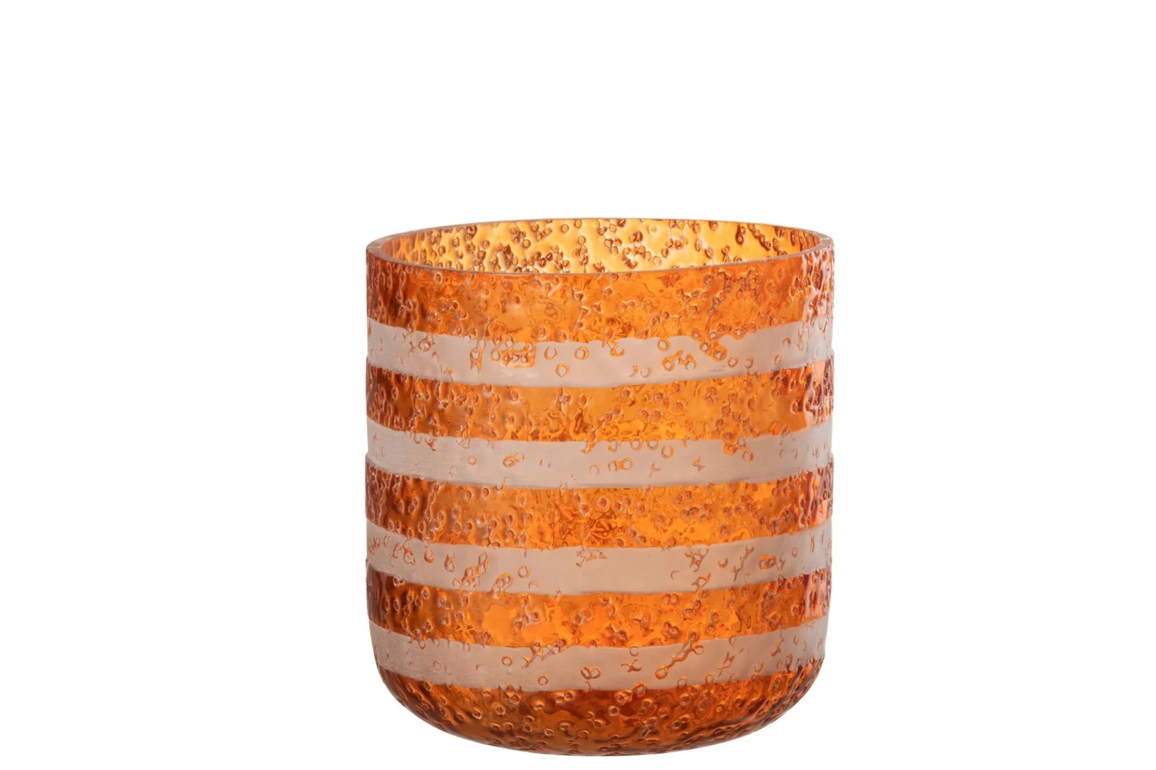De Kaarsenhouder Orkaan Strepen Glas Oranje Wit Groot is een grote oranje glazen kandelaar met horizontale matwitte strepen en een gestructureerd, bubbelachtig oppervlak.