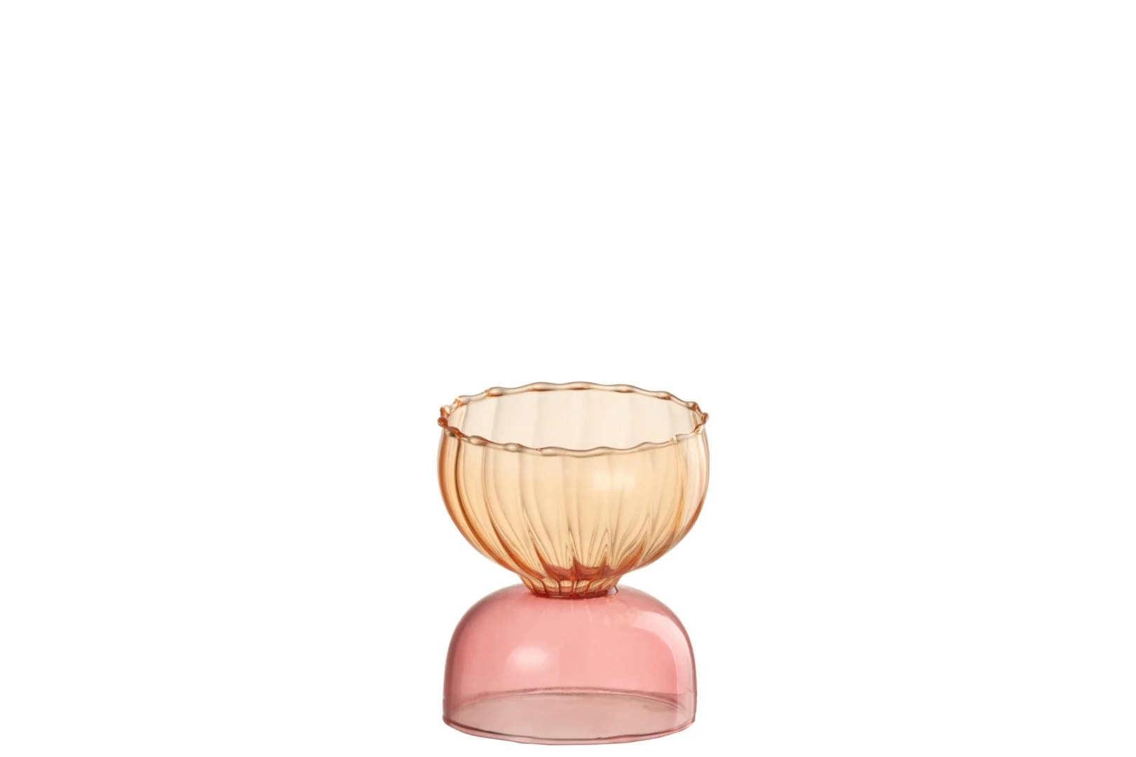 De Kaarsenhouder Halve Bollen Glas Licht Oranje/Roze is een kleine, doorschijnende glazen kandelaar met een geschulpte rand, een amberkleurige kom en een omgekeerde ronde roze basis tegen een witte achtergrond.