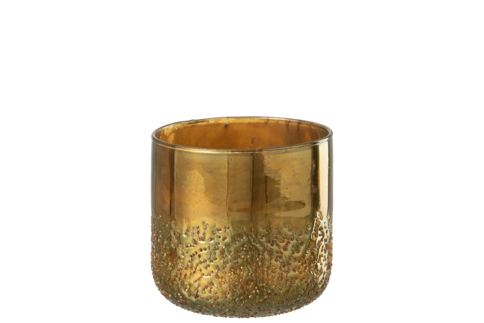 De Spiegel Goud Glas Medium Formaat is een goudkleurige glazen beker met een gestructureerd kralenpatroon op de onderste helft tegen een witte achtergrond.