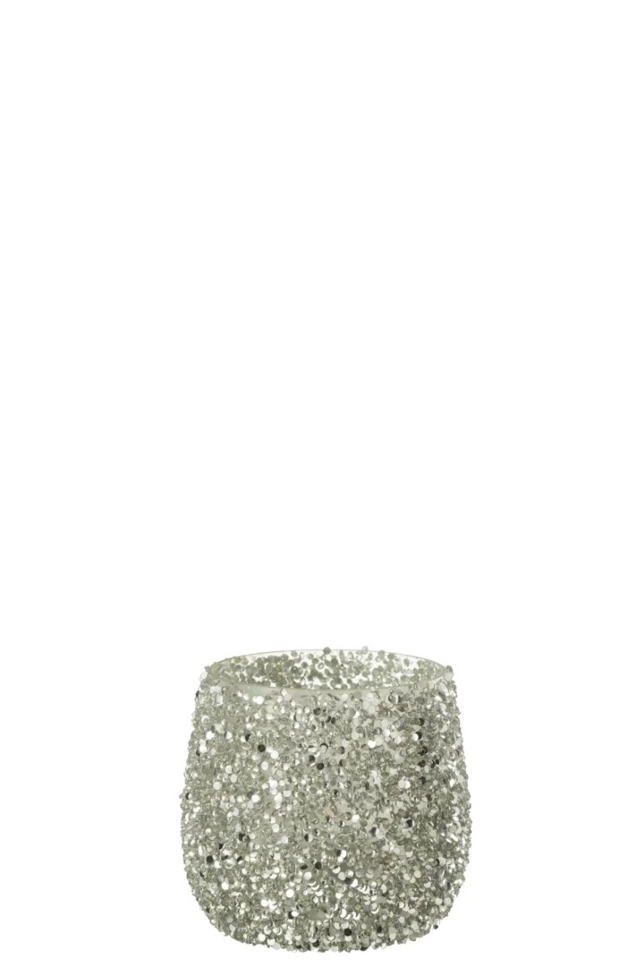 Theelichthouder Glas Glitter Zilver Klein is een kleine, ronde kandelaar versierd met glanzende zilveren glitters en pailletten, tegen een effen witte achtergrond.