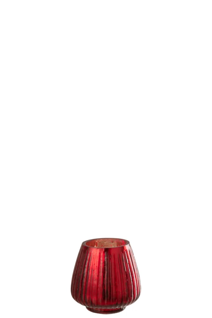 Theelichthouder Geribbeld Glas Rood is een kleine, ronde kandelaar van rood glas met verticale geribbelde textuur, gecentreerd tegen een effen witte achtergrond.