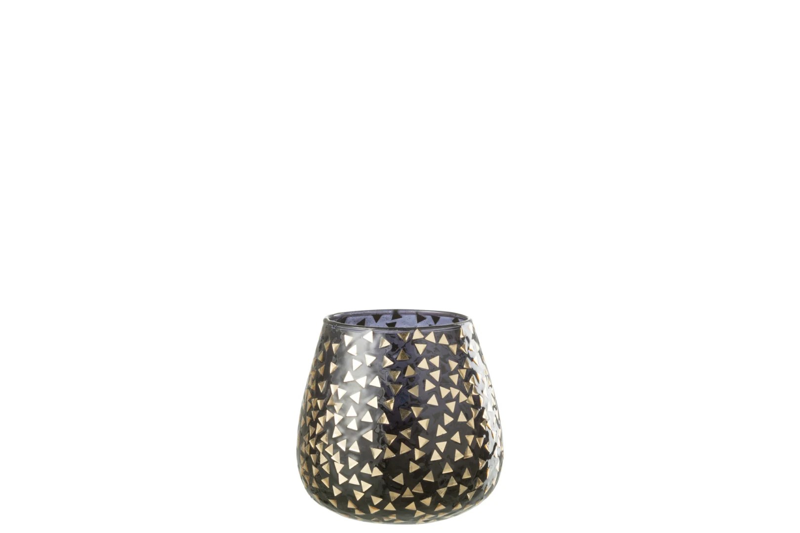 De Kaarsenhouder Orkaan Driehoek Glas Zwart Goud Groot is een zwarte glazen kandelaar met een ronde vorm, voorzien van een patroon van kleine gouden driehoekjes tegen een effen witte achtergrond.