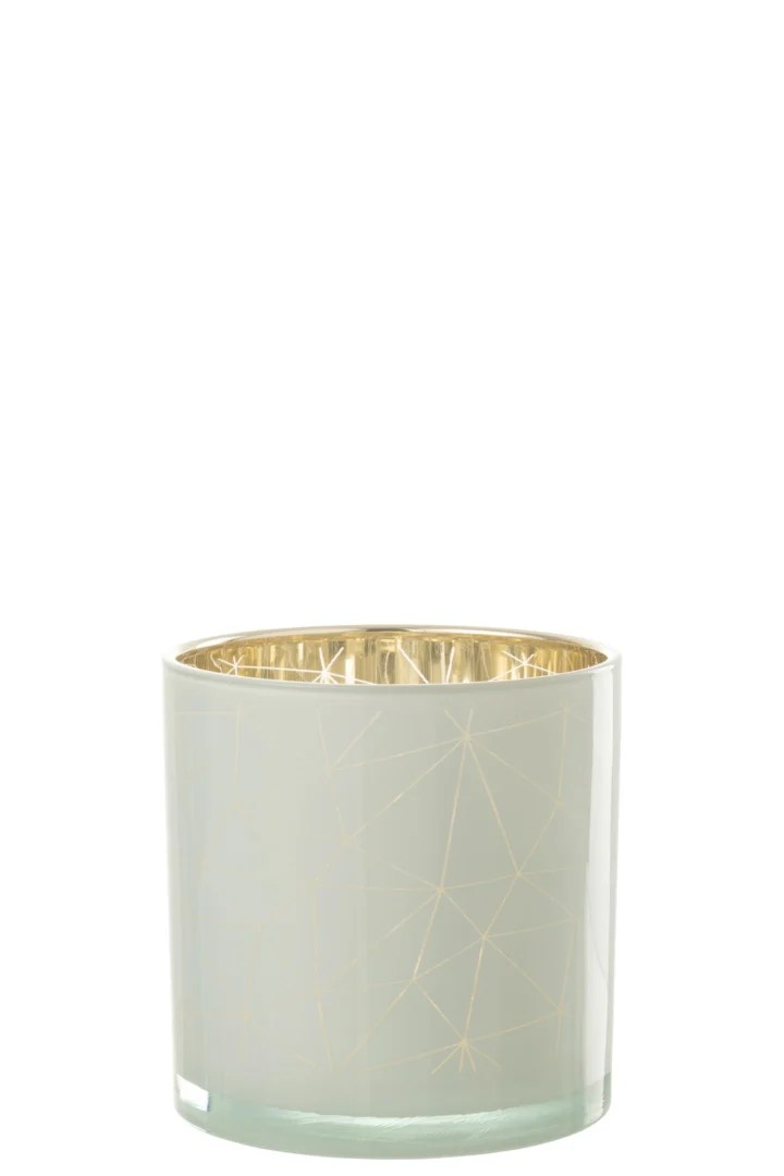 De Orkaan Milano Glas Wit/Goud Groot is een cilindervormige glazen kandelaar met een matwitte buitenkant en glanzend gouden binnenkant, voorzien van een subtiel geometrisch patroon.